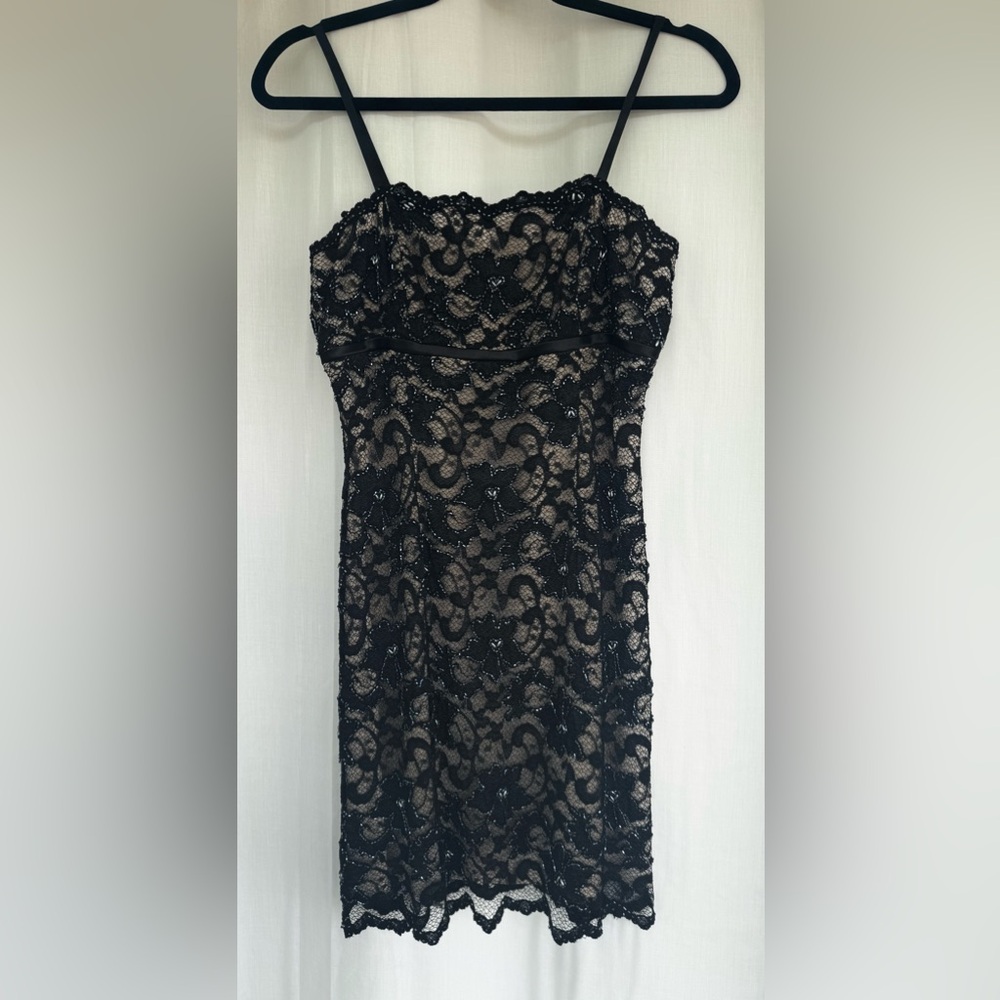 Basix ll Size 4 black beads and lace cocktail dress with back zipper. Nude lined